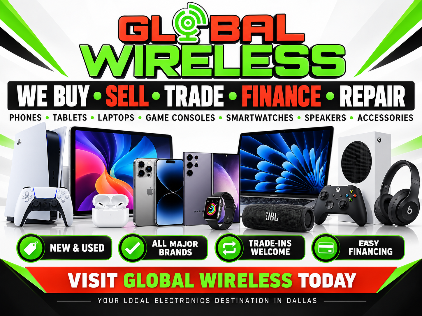 Illustrative smartphones at the Global Wireless phone store in Dallas